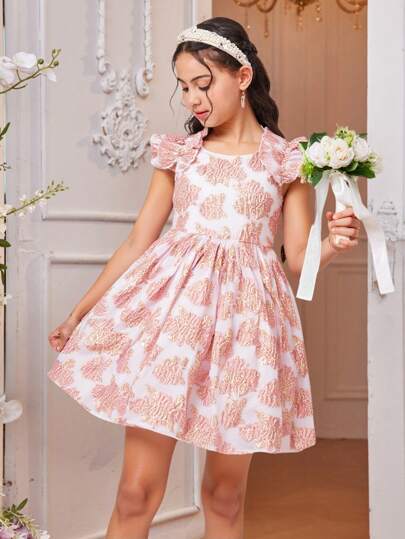 SHEIN Glamorique Kids Fashion Elegant Embroidered Cap Sleeve Summer Party Dress For Tween Girls, Suitable For Daily Wear, Wedding, Displaying Noble And Graceful Elegant
