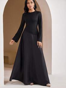 Veilorie 女士优雅黑色拼布缎面微喇叭长袖连衣裙 阿拉伯风格连衣裙 老钱音乐会服装 女士春假服装，端庄 - 黑色 - 查看 7