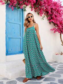 SHEIN VCAY Vestido casual de tiras de espagueti con estampado floral para mujer de talla grande, para vacaciones