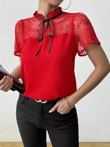 Calvaya Elegant Women Blouse, Contrast Lace Satin Ribbon Blouse, Romantic Stylish Shirt, Red Blouse