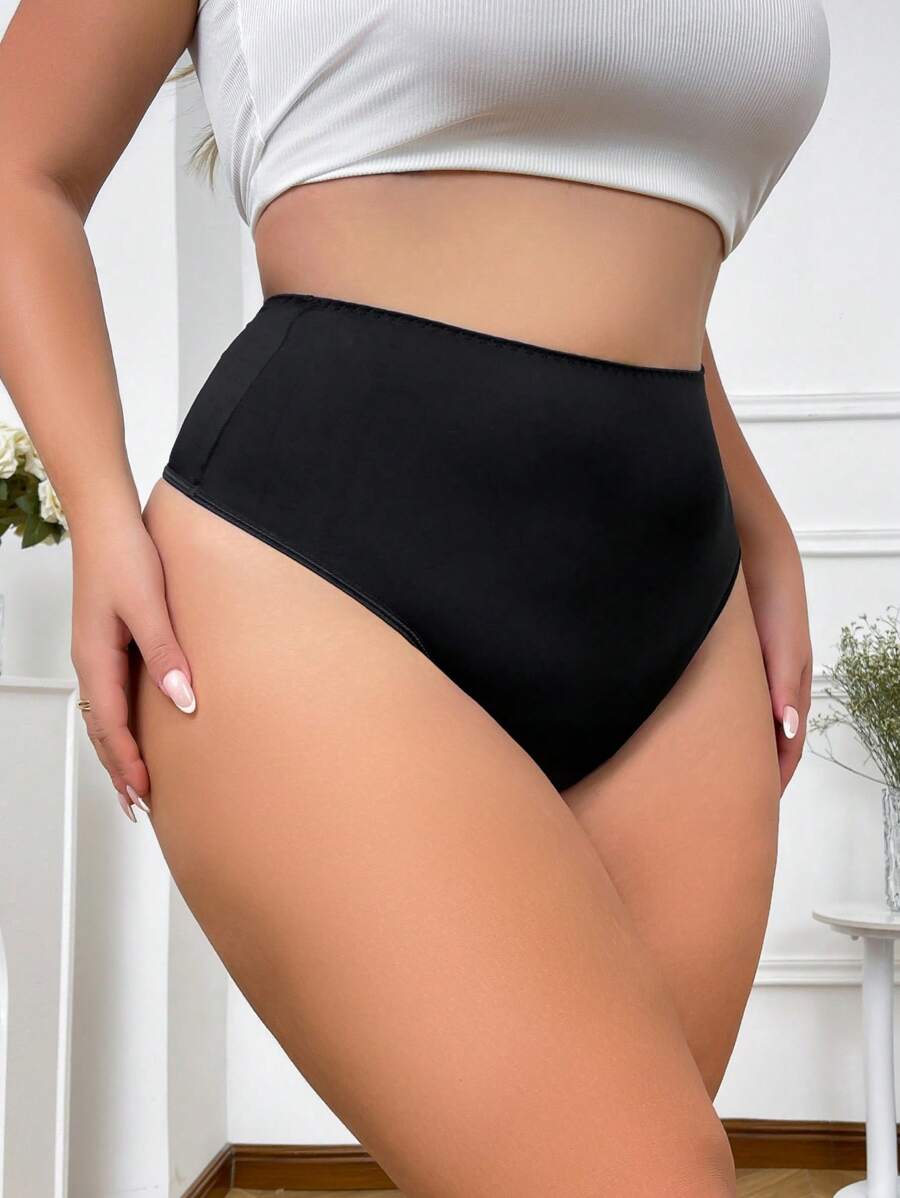 SHEIN Tanga de cintura media de talla grande, simple y de moda para uso diario casual - Negro - Ver 1