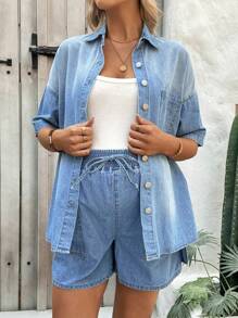 SHEIN Chaqueta vaquera azul de manga corta holgada informal para embarazadas, chaqueta de verano y primavera para mujeres, apta para fiestas, vacaciones, citas, el Día de San Valentín, el té de la tarde, atuendos de verano, para primavera/verano, vacaciones, apropiada para el verano, regalo del Día de la Madre