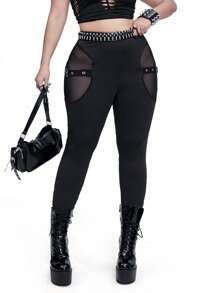 Whyspr Casual Punk Gothic Punk Hollow-Out Mesh Elastic Waist Casual Solid-Color Leggings