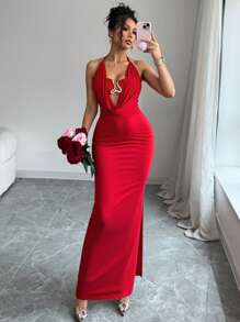 Rafferiza 女士优雅露肩金属花性感镂空紧身深垂领连衣裙，红色，约会，情人节，派对 - 紅色 - 查看 2