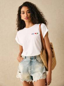 Poéselle Cotton Letter Embroidery Batwing Sleeve Tee - White - View 3