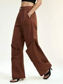 SHEIN Unity Women's Fashion Loose Casual Wide Leg Pants, Cargo Pants, Brown Color Summer For Women Fall For Women - Coffee Brown - View 1