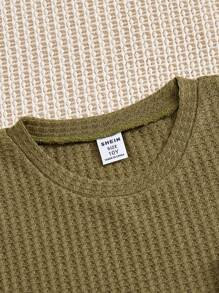 SHEIN Explorewe 适合青春期女孩的三件套女童服装，美式复古简约华夫格罩衫，搭配纯色背心和格子校园裙，三件套适合春夏校园运动、日常旅行和玩耍穿着 - 綠色 - 查看 7