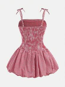 Girlism Teen Girls Sweet Retro Butterfly Check Ruffle Strap Bubble Dress / Back-To-School Outfit, Cute, Holiday Family Outdoor Spring Picnic Everyday Wear, Suitable For Various Occasions - Red and White - View 2