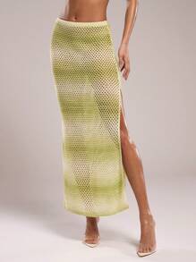 SHEIN BAE Women's Vacation Beach Gradient Side Slit Hollow Out Knit Skirt - Multicolor - View 5