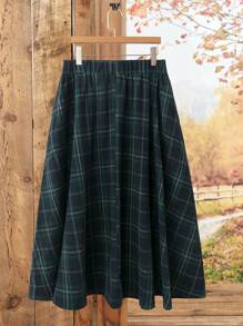EMERY ROSE Plus Size Women Country Casual Plaid Elastic Waist Flare Skirt,Winter Women Clothes Plaid Skirt Long Skirt Winter Country Spring Outfits For Women Summer Outfits For Women Boho Women Clothing - Dark Green - View 2