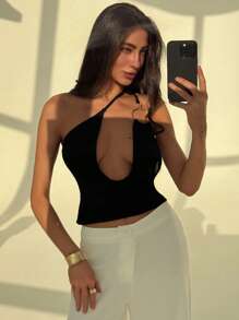 Aloruh Blusa asimétrica sexy con escote en V profundo y espalda descubierta, ajustada para mujeres