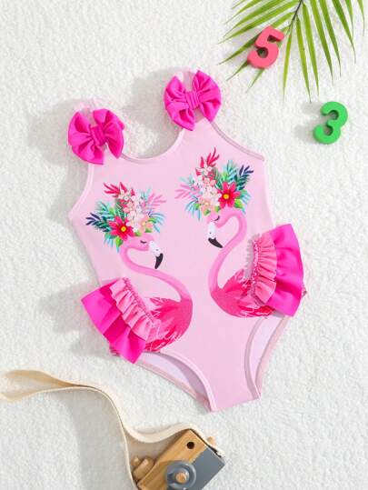 女婴花朵和火烈鸟印花荷叶边连体泳衣