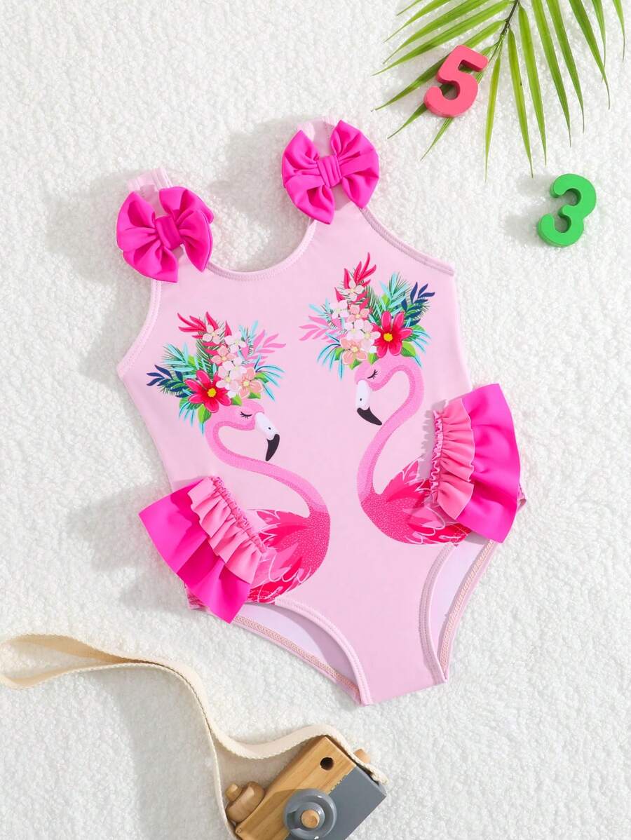 女婴花朵和火烈鸟印花荷叶边连体泳衣