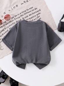 Young Girl Casual Short Sleeve Floral & Crescent Moon Print Tee, Daily/Outdoor Wear For Summer - Grey - View 2
