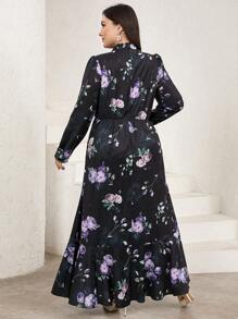 Veilorie Plus Size Women's Floral Print Stand Collar Long Sleeves Stitching Ruffles Elegant Dress