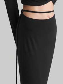 Ontre 女式新款设计2025款侧镂空可调节抽绳松紧腰针织裙，简约优雅时尚，适合春季，复古风格 - 黑色 - 查看 4