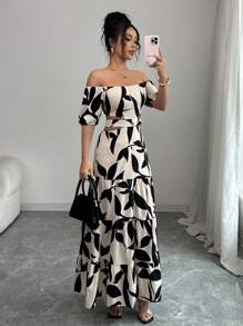 Elenzga 女士露肩系带镂空度假连衣裙（不对称花卉印花） - 杏色 - 查看 6