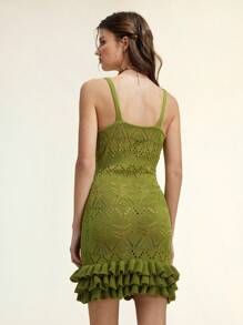SHEIN LUNE Spring/Summer Women Stylish Hollow-Out Ruffled Mini Dress, Fresh Green Color - Green - View 2