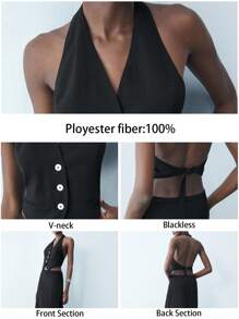 Maija 女式 V 领修身腰部西装背心和长裙，现代都市百搭春夏商务休闲装，黑色两件套 - 黑色 - 查看 2