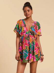 Travachic 热带印花蝙蝠袖连体衣，热带度假女装，夏季，度假服装女士 - 玫紅色 - 查看 5