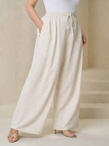 SHEIN Clasi Plus Size Franse Stijl Trekkoord Taille Wijde Pijpen Broek, Geschikt Voor Woon-werkverkeer, Minimalistisch, Kantoorkleding, Vintage, Casual, Terug Naar School, Zomer Vrouwen, Khaki