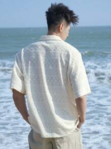 DAZY Summer Vacation Beach White Geometric Pattern Textured Fabric Men's Shirt,Back To School Clothes