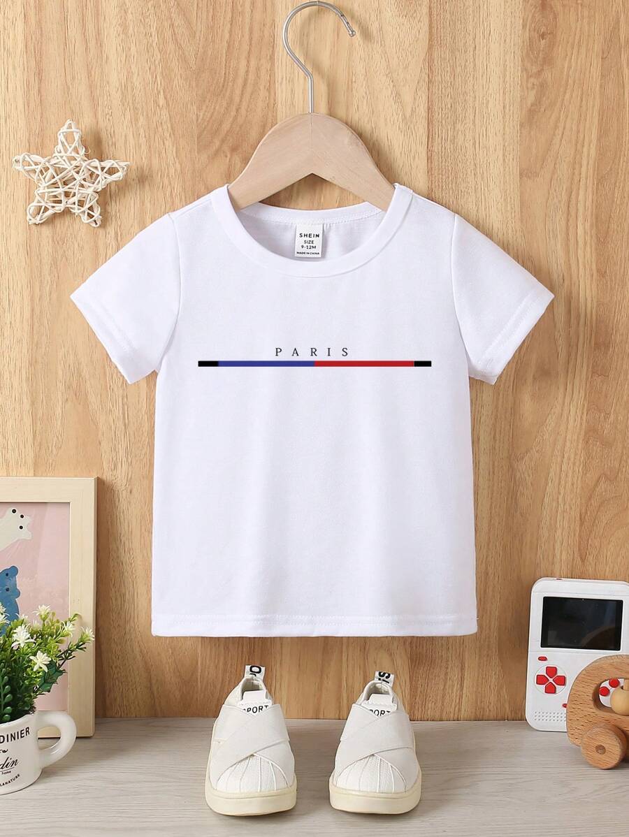 Camiseta de manga corta de cuello redondo cómoda con bloque de color y gráfico de letra para bebé niño casual y sencilla
