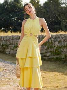 Aveloria Rosie Vestido maxi de verano con volantes en multicapa y aro hueco, de color amarillo romántico