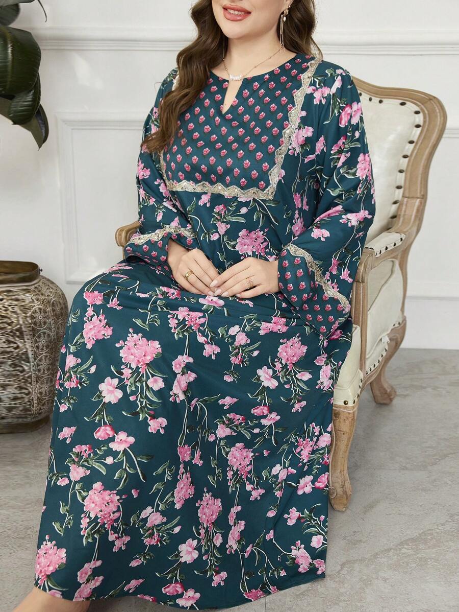 Al Najma Robe femme grande taille à manches longues avec imprimé floral ...