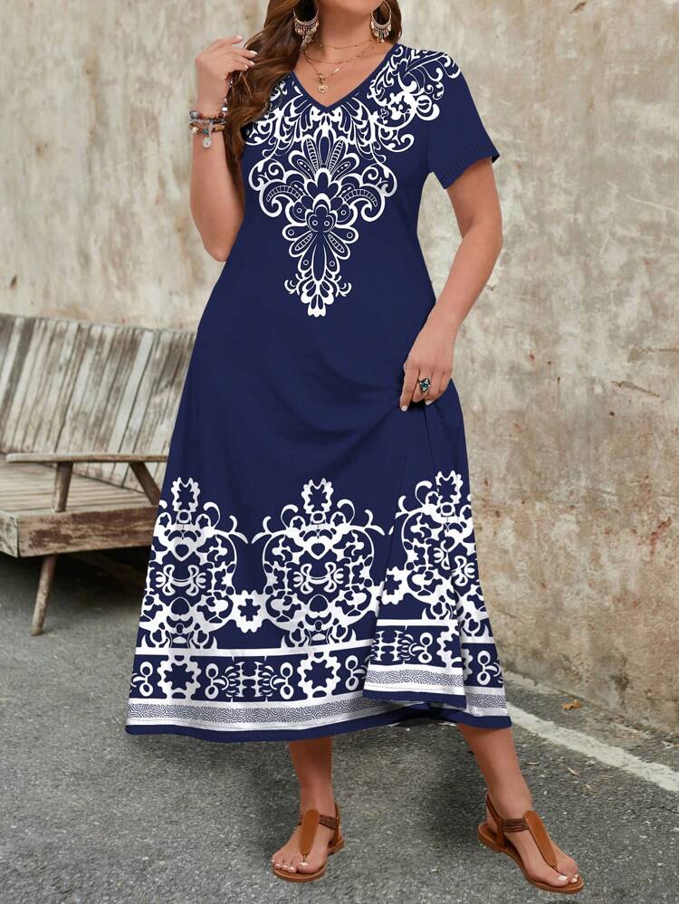 Women's Plus Size Casual Blue Simple V-Neck Short-Sleeved Long Dress Suitable For Summer,Western Wear Women,Casual Everyday Wear,Vacation Long Printed Dress,Summer Dresses For Women,St Patrick Day Outfit,Summer Outfits For Women,Vacation Outfits Woman,Beach Dress Sundress,Holiday Outfits Boho Suitable For Going Out Chic Dress,Flower/Spring