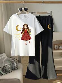 青少年女孩月亮和星星图案灯笼 T 恤和针织喇叭裤 2 件套，适合节日