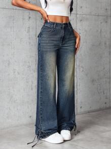 SHEIN EZwear 女式宽松直筒休闲牛仔裤，带口袋 - 藍色 - 查看 1