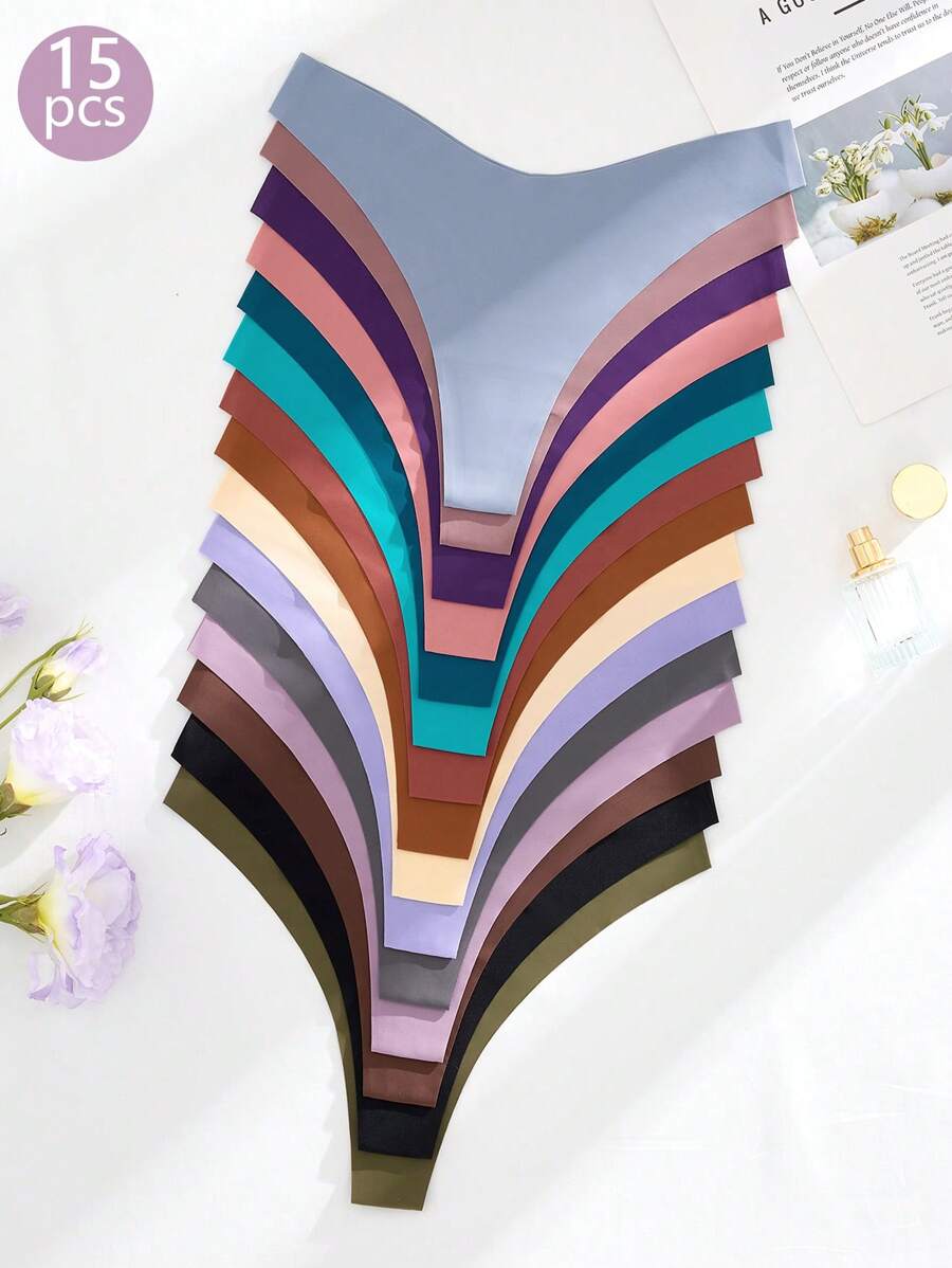 15pcs Women's Seamless Simple Low-Rise Sexy Thongs - Multicolor - View 1