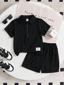 SHEIN Młodzieżowy chłopięcy, jednokolorowy, krótki rękaw, koszulka polo, T-shirt + spodenki, dwuczęściowy zestaw