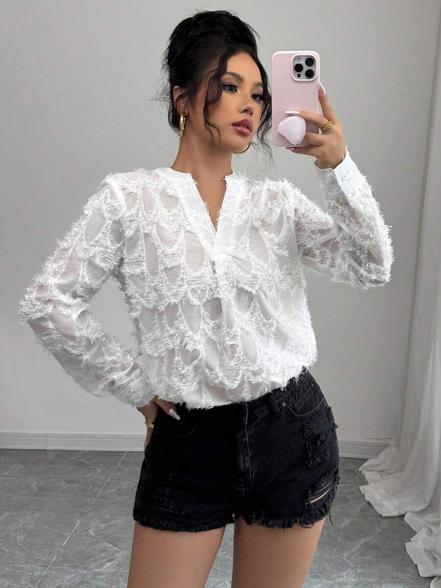 Elenzga Women's Elegant Simple Office Shirt, White Stand Collar Long Sleeve Sheer Hollow Out Details Fall Cloth For Women - White - View 1