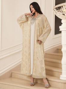 Al Najma 女士金色花卉印花长袖长袍和连衣裙阿拉伯服装套装，朴素 - 彩色 - 查看 7