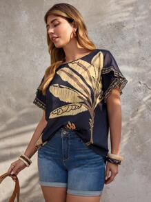 SHEIN LUNE Plus Size Floral Print Shirt With Cross Sleeves - Black - View 5