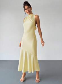 Firerie Váy dài bằng lụa satin màu vàng thanh lịch hở lưng cổ yếm bèo nhún mới phù hợp cho mùa cưới, váy phù dâu, đêm hẹn hò, tiệc cocktail, lễ tốt nghiệp, tiệc ngoài vườn, kỳ nghỉ và các dịp khác, tôn lên đường cong cơ thể và làm nổi bật nét quyến rũ độc đáo của cá nhân. - Màu vàng - Xem 7