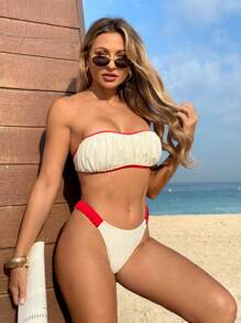 SHEIN Swim 女士褶皱红白对比绑带优雅甜美假日比基尼套装，夏季海滩度假 - 紅白色 - 查看 1