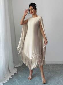 Elenzga Vestido con mangas tipo capa y dobladillo con flecos