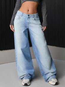 EURMUSE WOMEN LOW WAIST WIDELEG JEAN CASUAL STREET WEAR - Medium Wash - View 4