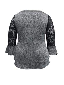 INAWLY Women's Plus Size Contrast Lace Stitching Cross Strap T-Shirt - Black - View 2