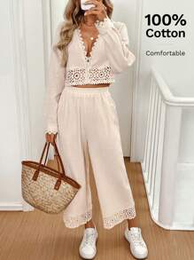 SHEIN Frenchy 2 Cái/bộ Ren Nữ Chia Lao Cổ Áo Cardigan Và Lưng Thun Ống Thẳng Quần - Màu be - Xem 7