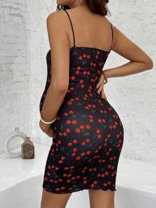 SHEIN Pregnant Women All-Over Cherry Print Lettuce Trim Red And Black Vacation Dress - Multicolor - View 3