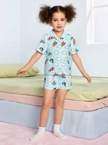 THE POWERPUFF GIRLS X SHEIN Young Girl Cloud Cartoon Print Kids Girl Flame Resistant Lapel Collar Open Front Short Sleeve Top And Shorts Lounge Set - Blue and White - View 6