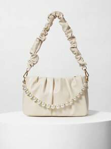 Faux Pearl Beaded Ruched Bag Winter Gifts - Beige - View 1
