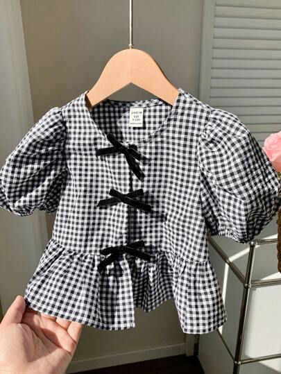 SHEIN Baby Girl Versatile Cute Black & White Plaid Bowknot Short Sleeve Top, Summer