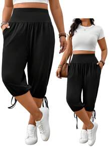 EMERY ROSE Elegant Casual Plus Size Women's Slant Pocket 3/4 Pants - Black - View 1