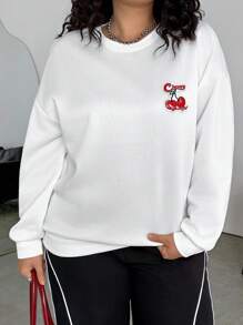 SHEIN EZwear Cherry Letter Embroidered Simple Printed Crew Neck Thick Sweatshirt For Plus Size Women, Autumn/Winter
