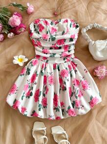 Soleia Women's Casual Rose Print Bandeau Bodycon Spring Mini Dress - White - View 5